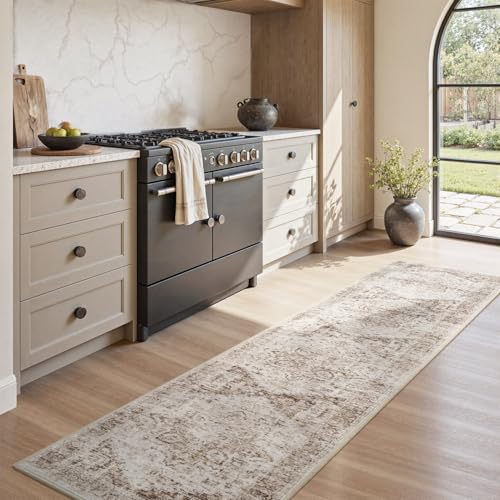 PADOOR Runner Rug, Machine Washable Vintage 2×10 Hallway Runner, Non-Slip Durable Low Pile Soft Long Runner Rug, Easy Clean Indoor Carpet Runner for Hall, Kitchen, Dorm, Nursery, Office in Beige