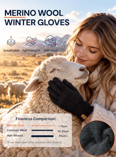 TRANXPHIT Merino Wool Winter Gloves for Women Men, Touchscreen, S, Black