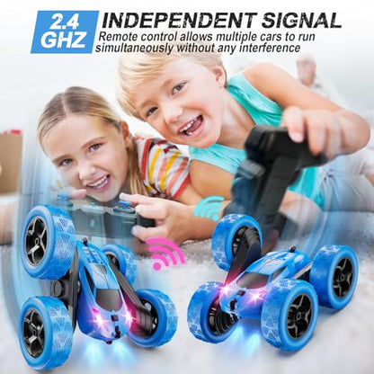 QUNREDA Remote Control Car for Kids Ages 6+, RC Cars Stunt Car Toy 4WD Double Sided 360° Rotating Remote Control with Headlights, Birthday Xmas Gifts for Boys 6 7 8 9 10 11 12 1-Blue