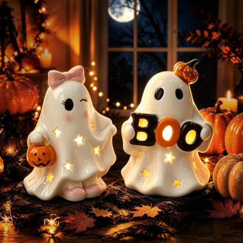 AELS Ceramic Ghost Candle Holder Set of 2, Cute Boo Ghost Tea Light Holders with Pumpkin, Spooky Tabletop Halloween Decorations for Home Party Decor, Figurines, White