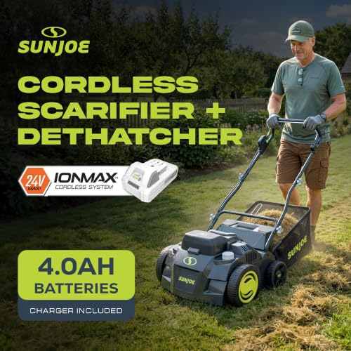 Sun Joe 24V-X2-DTS15 Scarifier and Dethatcher Kit, 5-Depth Positions, 15-inch, Brushless Motor, w/ 2 x 24-V 4.0-Ah Batteries and Dual Port Charger
