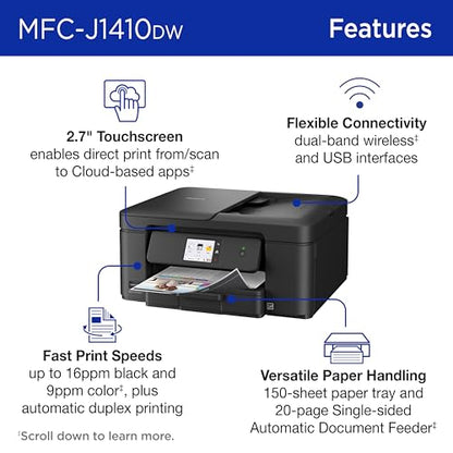 Brother Work Smart 1410 Wireless Color Inkjet All-in-One Printer with 2.7” Color Touchscreen and Automatic Duplex Printing | Includes Refresh Subscription Trial(1) (MFC-J1410DW)