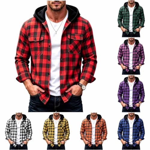 Hoodies for Men Plaid Graphic Hooded Button Down Jacket with Chest Pockets