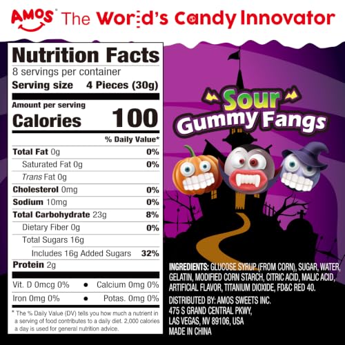 AMOS Sour Gummy Fangs, 240g Sour Sand Vampire Teeth Gummy Candy, Individually Wrapped Halloween Treats for Kids & Parties Approx 32 Pieces
