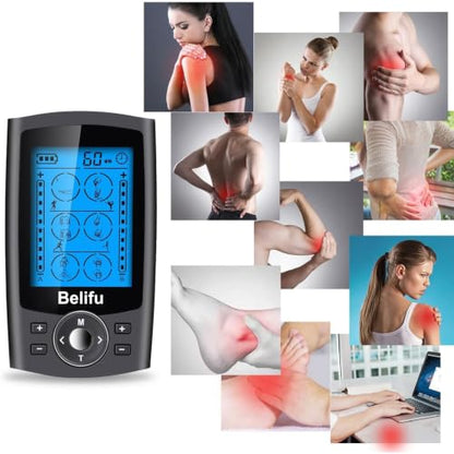 Belifu Dual Channel TENS EMS Unit with 12 Pads, 24 Modes Muscle Stimulator, Electronic Pulse Massager Muscle Massager for Pain Relief Therapy, Fastening Cable Ties, Dust-Proof Drawstring Storage Bag