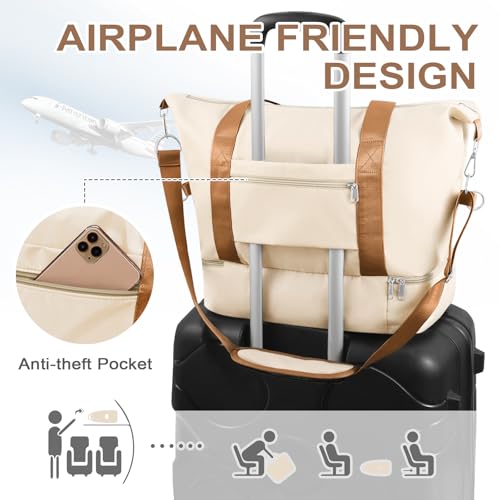 WOOMADA Weekender Bag for Women, Travel Duffel Bags with Shoe Compartment & Wet Pocket, Personal Item Bag for Airlines, Beige&Brown