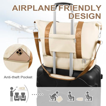 WOOMADA Weekender Bag for Women, Travel Duffel Bags with Shoe Compartment & Wet Pocket, Personal Item Bag for Airlines, Beige&Brown