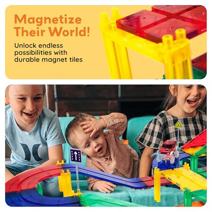 PicassoTiles 100 Piece Race Track Set, Magnetic STEM Toy, LED Cars, Ages 3+