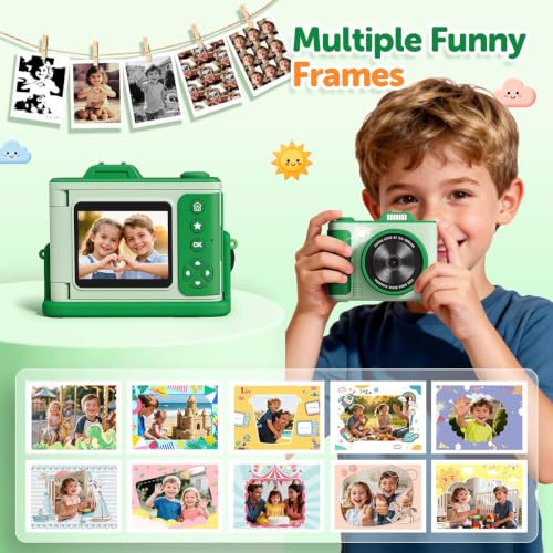 Kids Camera for Big Boys and Girls Flip Screen2.4+Telescopic Zoom 1080P Selfie Photo+Video Digital Camera for Age 5-12 with Cartoon Cover & SD Card Gift Best Chritmas Birthday Festival Gift(Green)