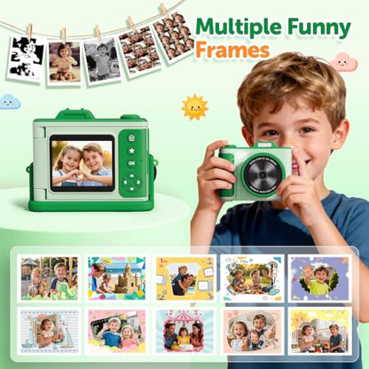 Kids Camera for Big Boys and Girls Flip Screen2.4+Telescopic Zoom 1080P Selfie Photo+Video Digital Camera for Age 5-12 with Cartoon Cover & SD Card Gift Best Chritmas Birthday Festival Gift(Green)