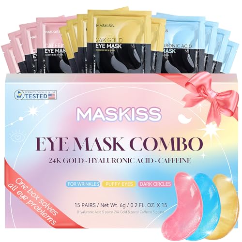 Maskiss Under Eye Patches (15 Pairs), Eye Patches for Puffy Eyes and Dark Circles, 3 Colors Eye Masks Gift Set for Undereye Bags and Wrinkles, Skin Care Set for Bachelorette Party Favors