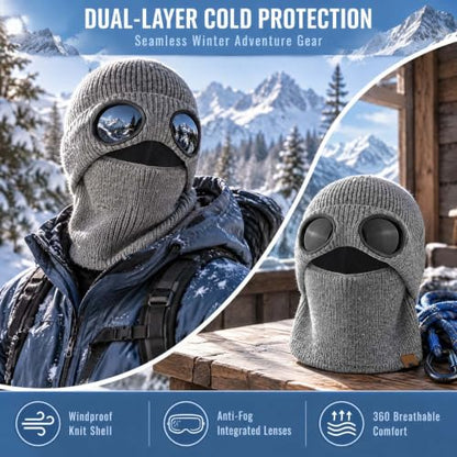 2 in 1 Ribbed Knit Balaclava Beanie with Goggle-Style Eye Panels Gray