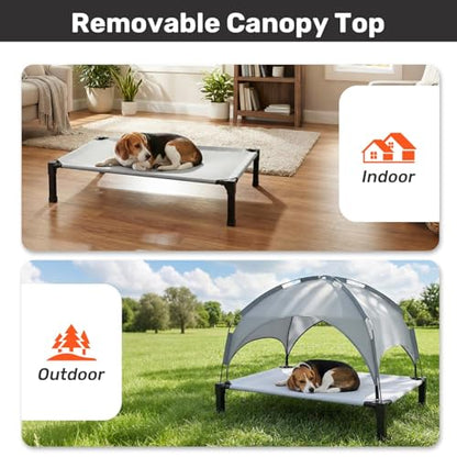 Heeyoo Elevated Dog Bed with Removable Canopy, Portable Raised Dog Cot | Pet Cooling Cot Bed for Dogs with Sun Protection Shade Tent,Grey 42in
