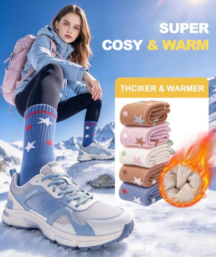 SIMIYA 5 Pairs Merino Wool Socks for Women Warm Extra Thick Winter Thermal | Super Warm for Cold Weather, Cozy Soft, Moisture-Wicking, Reinforced Toe, Crew Hiking Socks for Work Daily, Fun Cute Design