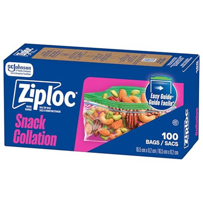 Ziploc Snack Bags, EasyGuide Seal, BPA-Free Food Storage, 100 Count