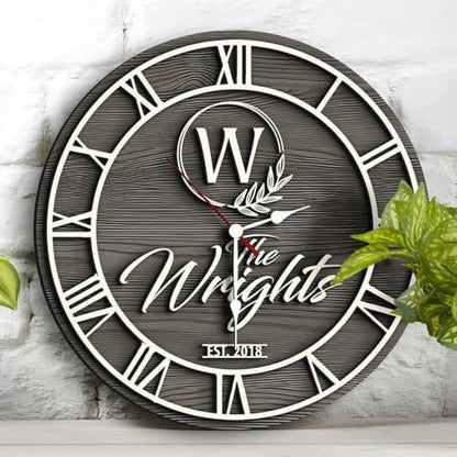 Personalized Vintage Wooden Texture Wall Clock- Custom Name Letter Round Clock, Customized Family Clock for Kitchen Living Room Bathroom Christmas Housewarming Gifts (Custom text clock) (Wall Clock A)