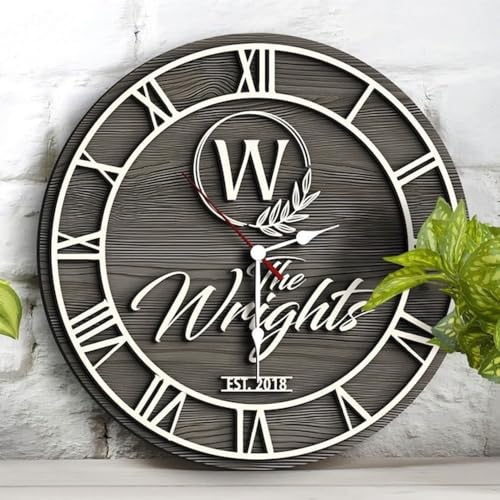 Personalized Vintage Wooden Texture Wall Clock- Custom Name Letter Round Clock, Customized Family Clock for Kitchen Living Room Bathroom Christmas Housewarming Gifts (Custom text clock) (Wall Clock A)