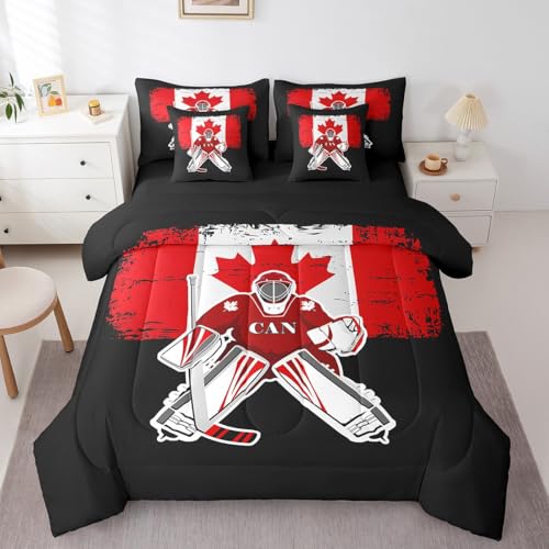 Feelyou Kids Ice Hockey Comforter Set 7 Pieces Twin Size Canada Flag Bedding Set for Boys Girls Winter Sports Hobby Bed in a Bag with Comforter, Sheets, Pillowcases & Cushion Covers