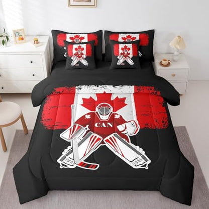 Feelyou Kids Ice Hockey Comforter Set 7 Pieces Twin Size Canada Flag Bedding Set for Boys Girls Winter Sports Hobby Bed in a Bag with Comforter, Sheets, Pillowcases & Cushion Covers