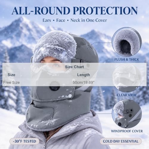 Winter Trapper Hat with Goggles Windproof Face Mask Plush Fleece Lined Balaclava Cold Weather Ski Hat for Men Women Gray