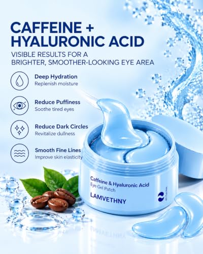 LAMVETHNY Caffeine Collagen Eye Masks - Korean Skincare Brightening Hydrating Anti Cooling Firming Non-Irritating for Appearance of Dark Circles&Wrinkles&Puffiness - Gift for Mom Traveler Night Worker (blue)