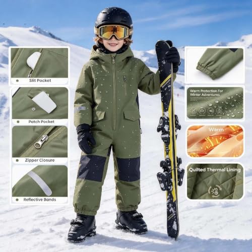Kids Snow Pants Boys One Piece Ski Suit Waterproof Windproof Padded Snow Suits Kid Girls Winter Outdoor Warm Hooded Snowboard Jumpsuit Army Green 14-15 years