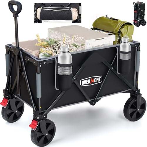Overmont Chariot pliant pliable 150 L – Chariot utilitaire pliable robuste de grande capacité avec poches latérales pour le camping, le jardin, le shopping – Charge de 150 kg