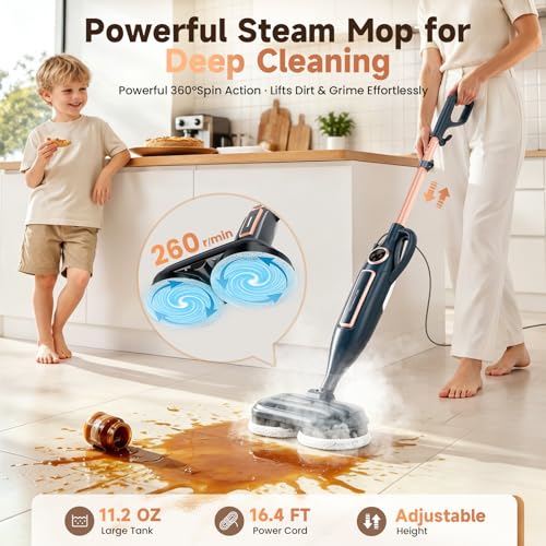 DEVOAC VM6 Scrubbing Steam Mop with Rotating Mop Pads, 10 in 1 Steam Mop, Lightweight Spin Mop & 3 Steam Modes for Hard Floor Laminate Marble Floors (Ink)