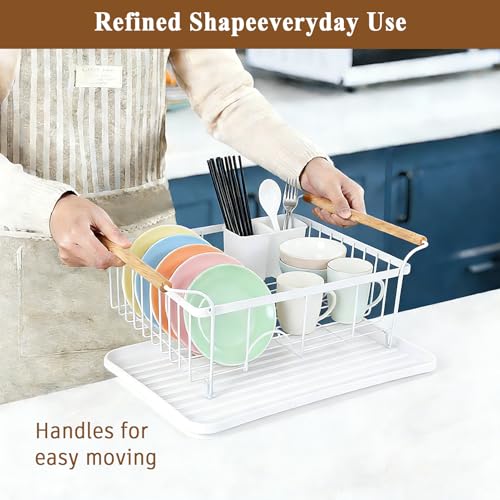 Fvellix Dish Racks for Kitchen Counter, Thickened Metal Dish Drying Rack with Wooden Handles, Kitchen Countertop Organizer for Dishes, Spoons and Forks, No Assembly, White, 16.7''*12.6''*5.12''