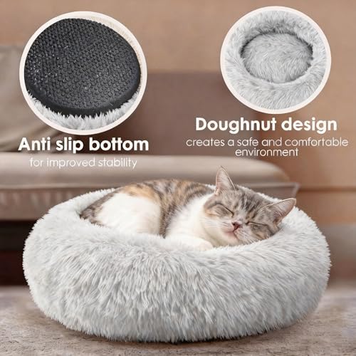 20in Donut Pet Bed, Calming Cushion for Small/Medium Dogs & Cats, Fluffy, Washable Light Brown