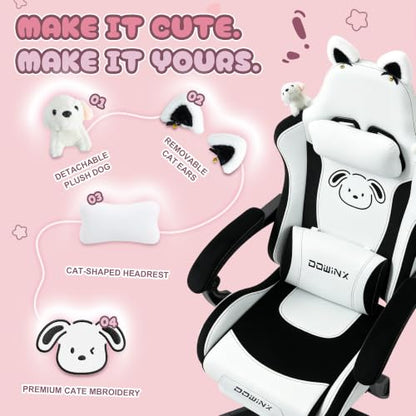 Dowinx Cat Ear Gaming Chair for Adults, Ergonomic Computer Chair with Massage Lumbar Support, Reclining Gamer Chair with Footrest and Headrest, 290 lbs