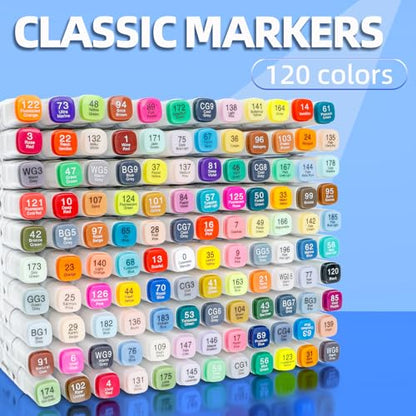 Flavery Alcohol Markers Fine Chisel 120 Colors, Adult Coloring with Base