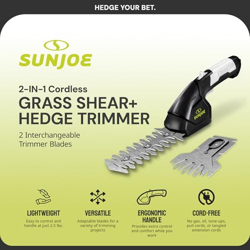 Sun Joe 2-in-1 Cordless 7.2V Handheld Grass Shear & Hedge Trimmer, HJ604C | 4" Grass Shear and 6" Hedge Trimmer Blades, Battery-Powered Operation, Safety Switch, and Blade Cover for Yard Care
