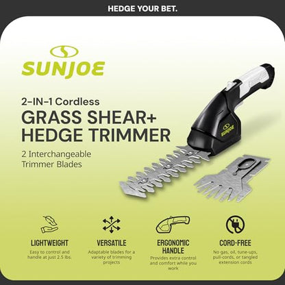 Sun Joe 2-in-1 Cordless 7.2V Handheld Grass Shear & Hedge Trimmer, HJ604C | 4" Grass Shear and 6" Hedge Trimmer Blades, Battery-Powered Operation, Safety Switch, and Blade Cover for Yard Care