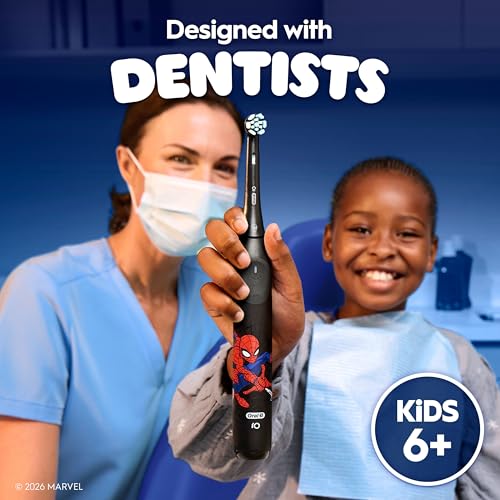 Oral-B iO Kids Rechargeable Electric Powered Toothbrush, Spiderman with 1 Gentle Care Brush Head - Automatic Pressure Sensor to Protect Gums - 3 Cleaning Settings - 2 Min Music Timer - 28 Day Battery Life