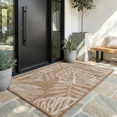 Montvoo-Outdoor Rug-Patio Rug Polypropylene Indoor Outdoor Rugs Carpet-Entryway Rug Porch Door Mats Rugs Small Accent for High Traffic Use Weave Design Quick Dry Easy Clean, Leaves Brown 2x3ft