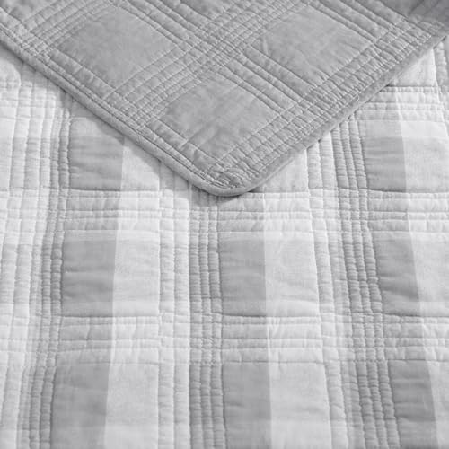 Eddie Bauer- Twin Quilt Set, Cotton Reversible Bedding with Matching Sham, Home Decor for All Seasons (Lakehouse Plaid Light Grey, Twin)