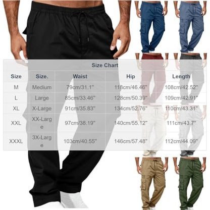 Mens Drawstring Elastic Waist Cargo Pants Straight Leg Casual Pants