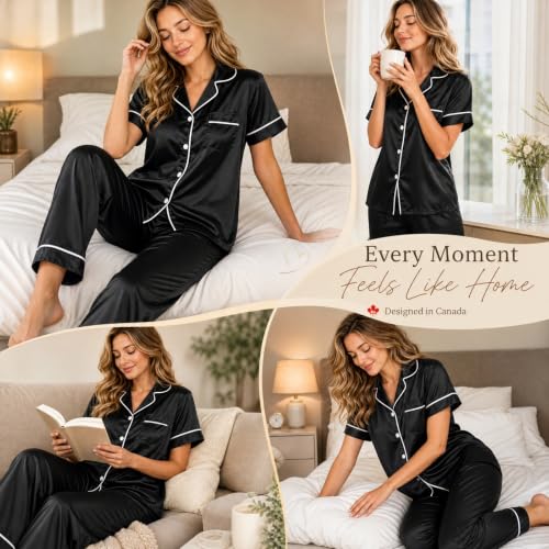 Womens Satin Pajamas Silk Pjs for Women Satin Pajama Sets for Women Short Sleeve Button Down Silk Pjs Sets with Trousers Classic 2 Piece Lounge Sleepwear Black,XXL