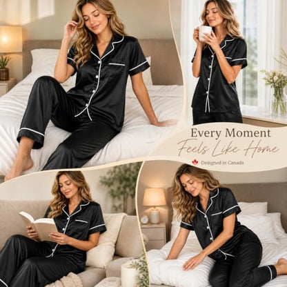 Womens Satin Pajamas Silk Pjs for Women Satin Pajama Sets for Women Short Sleeve Button Down Silk Pjs Sets with Trousers Classic 2 Piece Lounge Sleepwear Black,XXL
