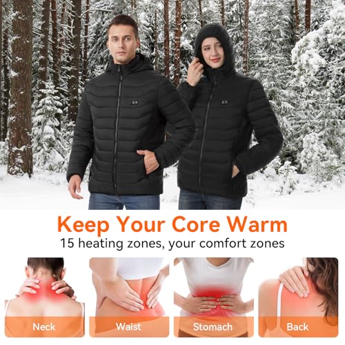 CHANGEOWN Heated Jackets for Women & Men, Dual-Control 15 Heating Zones Unisex Heating Jacket Coat with Battery, 3 Heating Levels Windproof & Waterproof Heating Jacket for Winter Outdoor, Medium