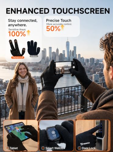 TRENDOUX Winter Gloves for Men Women - Unisex Knit Touch Screen, Thermal Warm Lining - Black-L