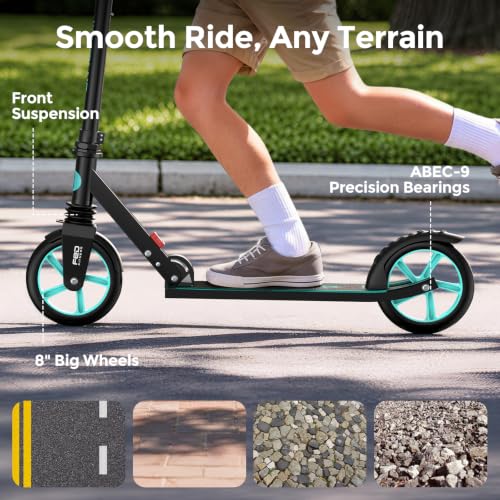 WAYPLUS Kick Scooter for Ages 6+,Kid, Teens & Adults. Max Load 240 LBS. Foldable, Lightweight, 8IN Big Wheels for Kids, Teen and Adults, 4 Adjustable Levels. Bearing ABEC10