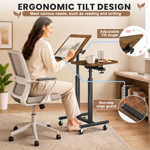 Elowen Rolling Laptop Desk with Wheels, Double-Pole Portable Overbed Table