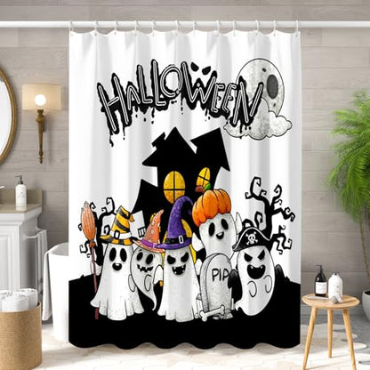 ChloropLastid Halloween Ghost Shower Curtain Castle Cute Funny Ghosts Full Moon Sets Bathroom Curtain Set for Kids Waterproof Fabric Machine Washable Bath Decor with Hooks 72x72 inch