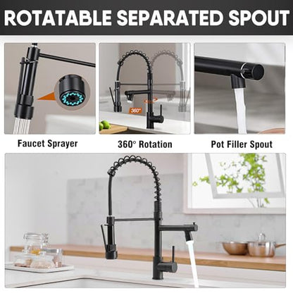 GIFTQOOL Kitchen Faucet with Pull Down Sprayer Dual Pot Filler, Matte Black Stainless Steel Single Handle Kitchen Sink Faucets High Arc Spring Commercial Tap 1 Hole Modern Faucets