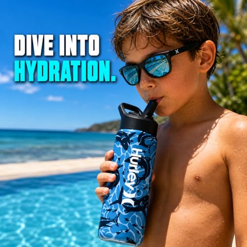 Hurley 3D Shark Design 16Oz Straw Cap Ss. Sports Bottle
