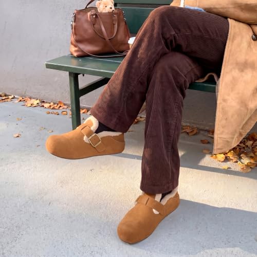 DREAM PAIRS Women's Fur Lined Clogs Genuine Suede Potato Shoes,Chestnut,9