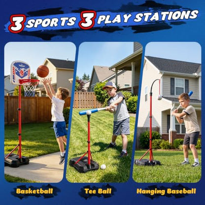 EagleStone 3 in 1 Kids Basketball Hoop and T Ball Set for Kids 3-12