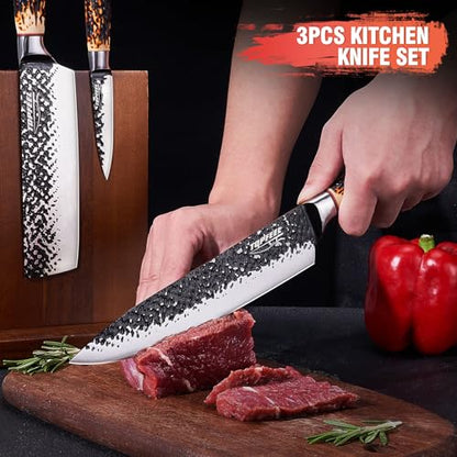 Topfeel Kitchen Knife Set, 3 PCS Japanese Chef Knife Set, Hand Forged High Carbon Stainless Steel Knives Sets，Ultra Sharp Professional Chef Knives Sets with Unique Antler-Like Handle